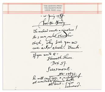 BASKIN, LEONARD. Group of 5 Autograph Letters Signed, "Leonard" or "Lennie," to various recipients,